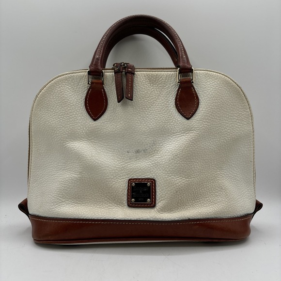 Dooney & Bourke Handbags - Dooney & Bourke Zip ZIp Satchel Pebbled Leather White Tan Domed Purse Double Zip